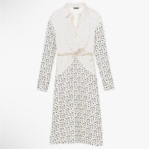 Cream mixed media knot waisted dress